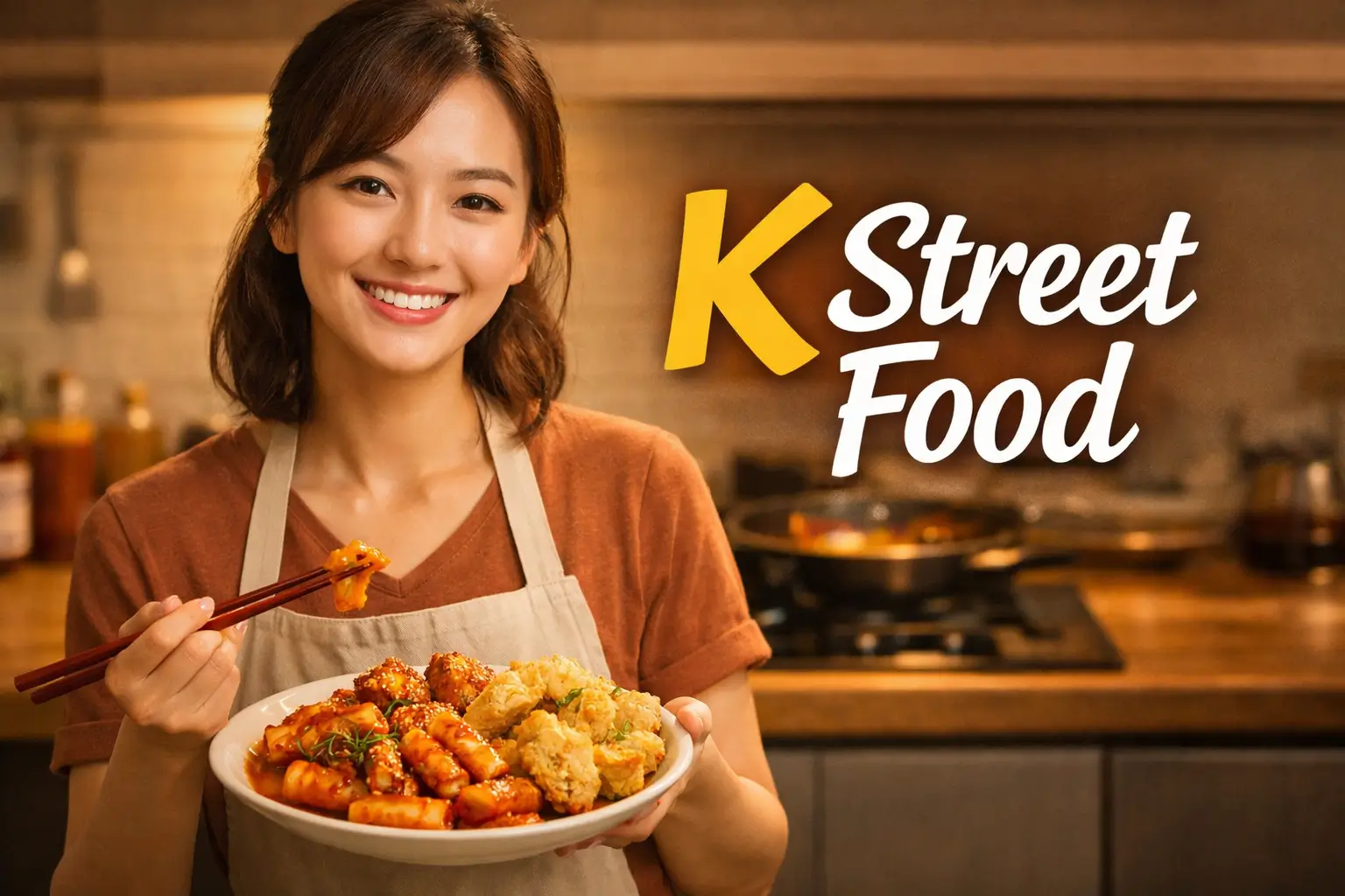 K Street Food prepared by a woman cooking Korean street food at home
